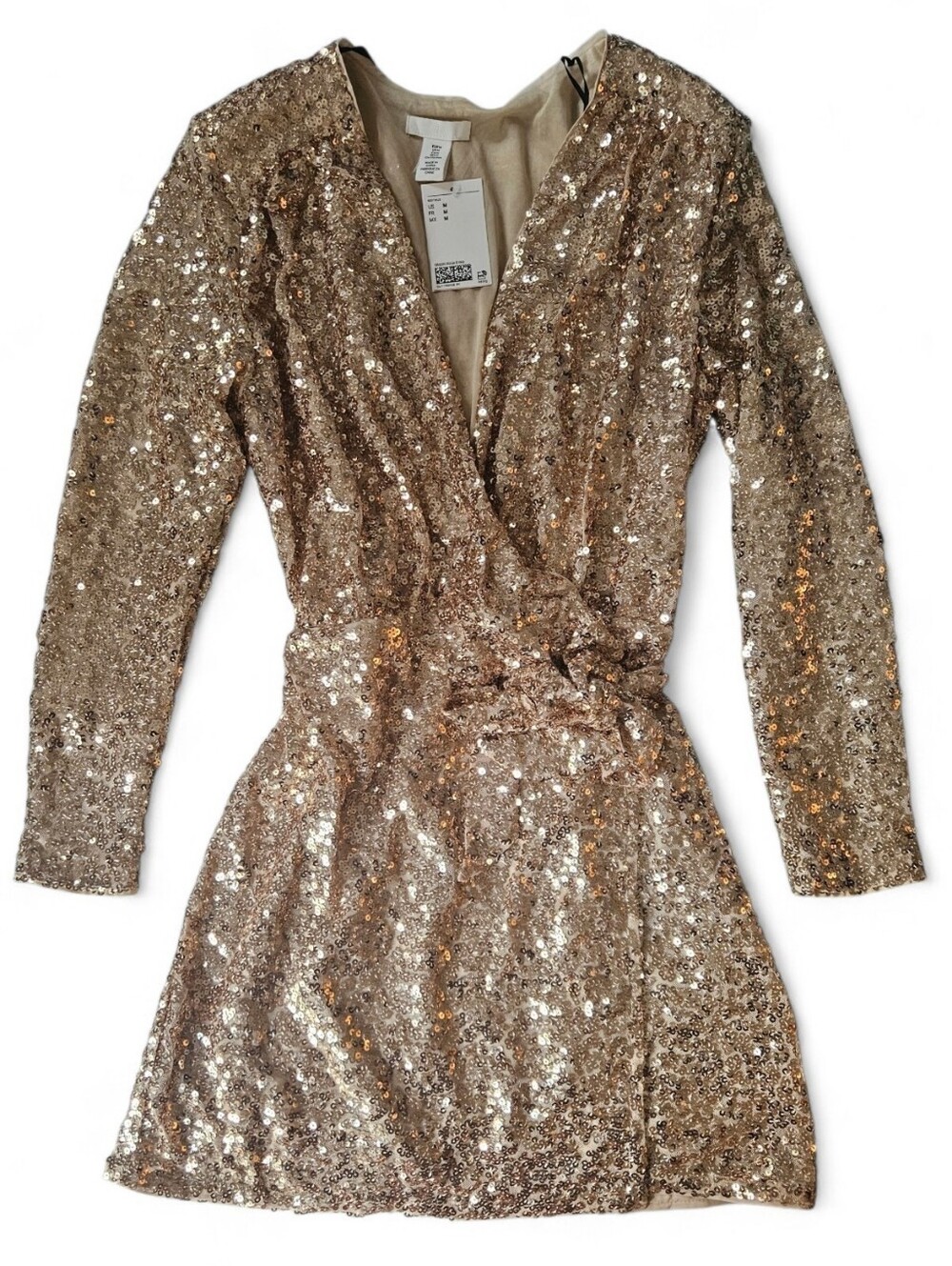 H&M Gold Sequin Wrap Mini Dress NWT Size M